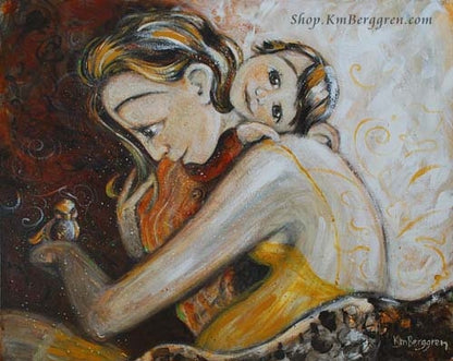 artwork of mother hugging small child while holding a bird on her hand, yellow dress soft and gentle art by Katie m. Berggren
