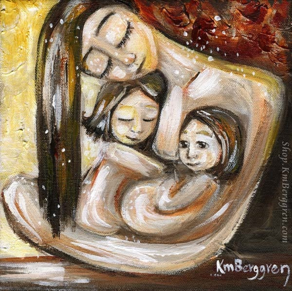art print in reds and yellows of mother with brown hair holding two short haired children in her lap. Skin to skin art by KmBerggren