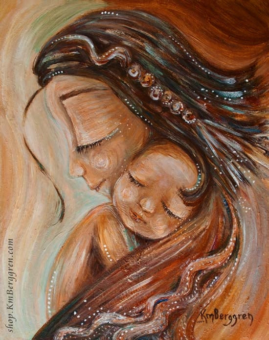 art print in warm tones by KmBerggren of mother with braided hair and sleeping bald child
