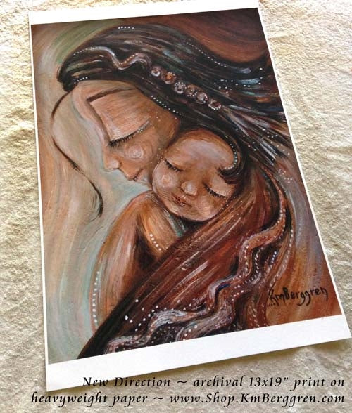 art print in warm tones by KmBerggren of mother with braided hair and sleeping bald child