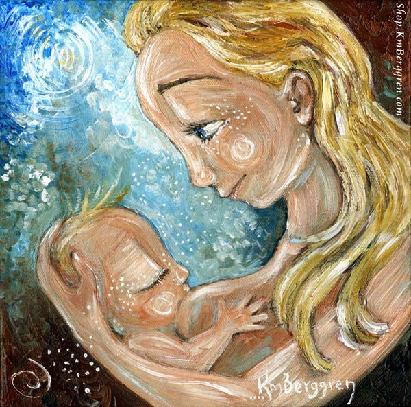 breastfeeding art print of blonde mom and blonde baby with blue background by KmBerggren