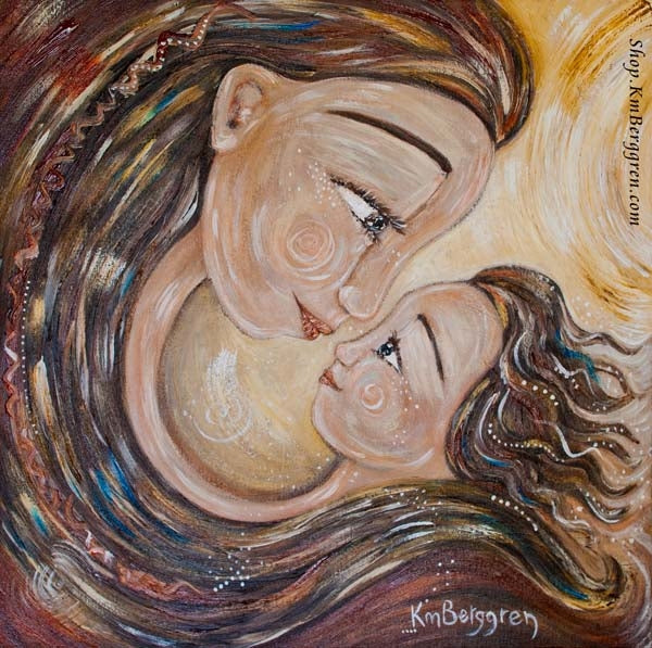 connected mother and daughter artwork with hair wraps and eye to eye connection by KmBerggren
