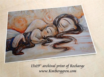 sleeping mother artwork with blonde eyes open child by KmBerggren