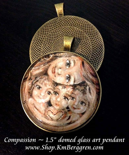 glass art pendant of mother with three children in bronze tray handmade by the artist