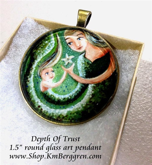 mermaid mother and child glass art pendant 1.5 inches across handmade by the artist