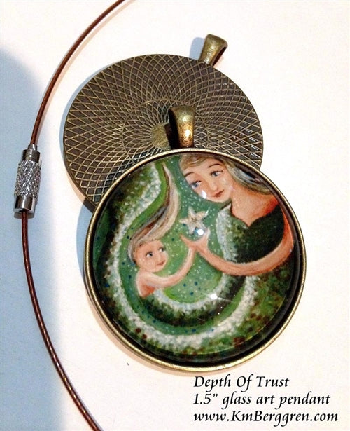 mermaid mother and child glass art pendant 1.5 inches across handmade by the artist