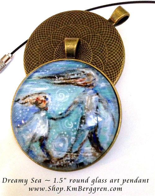 mother and child on the beach glass art pendant 1.5 inches across handmade by the artist