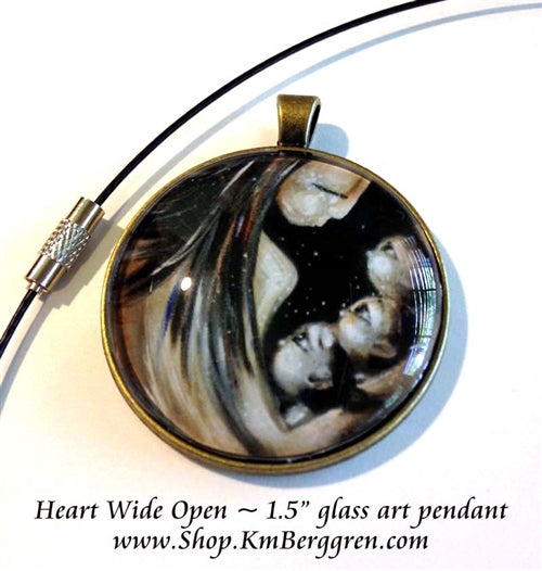 bronze glass art pendant of dark haired mother with three children handmade by Katie m. Berggren