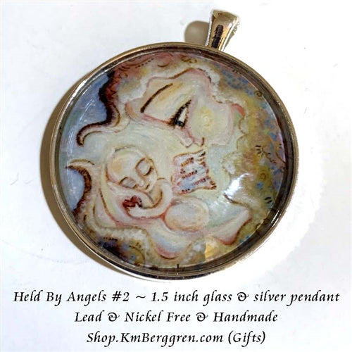 1.5 inch glass art pendant of woman holding angel baby, handmade by artist KmBerggren