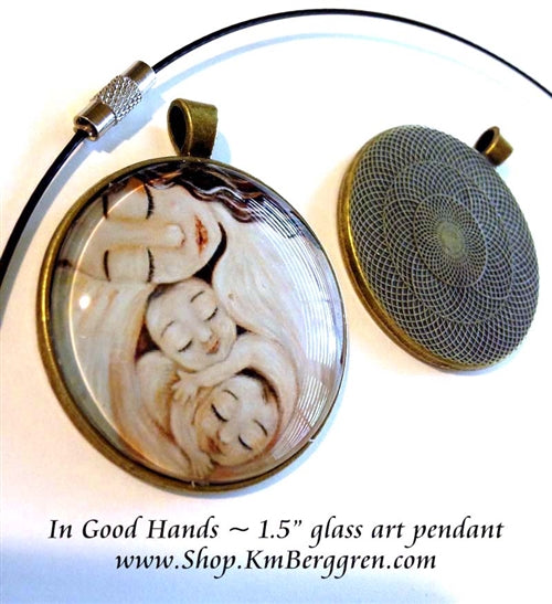 1.5 inch glass art pendant of mother with twin babies, handmade by artist KmBerggren