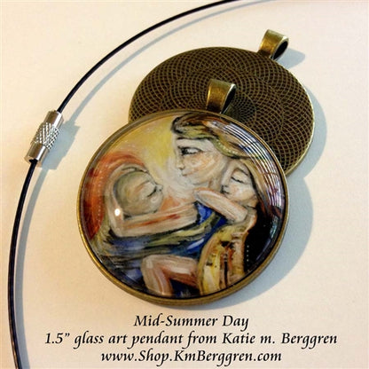 glass art pendant necklace of mom wearing baby and carrying girl on her back 1.5 inches across handmade by the artist
