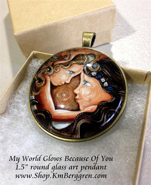 glass art pendant necklace of mother and daughter with curly hair 1.5 inches across handmade by the artist