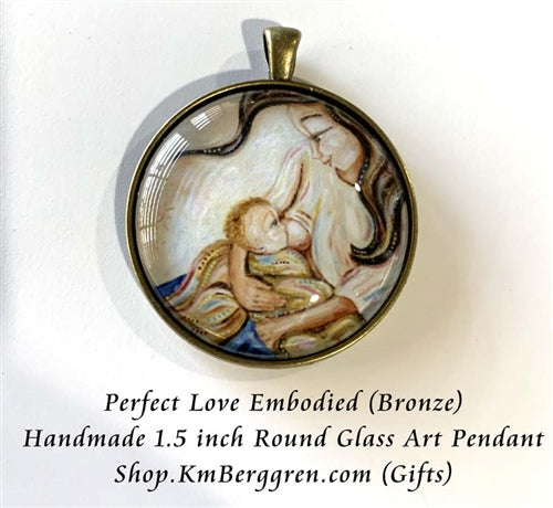 glass art mother breastfeeding baby pendant necklace 1.5 inches across handmade by the artist