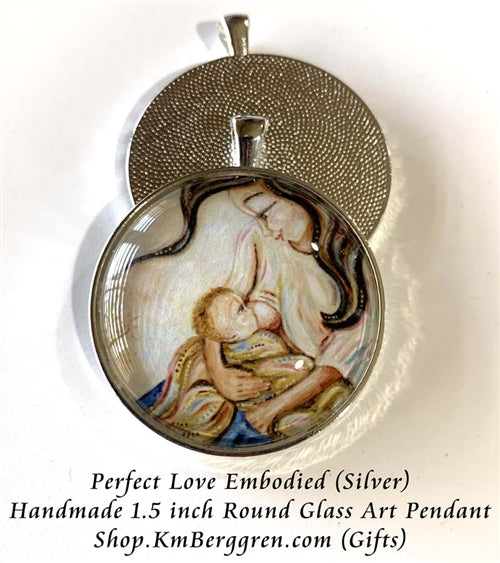 glass art mother breastfeeding baby pendant necklace 1.5 inches across handmade by the artist