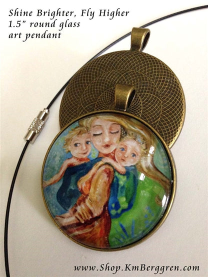 babywearing gift glass art pendant necklace of mother tandem wearing two kids 1.5 inches across handmade by the artist