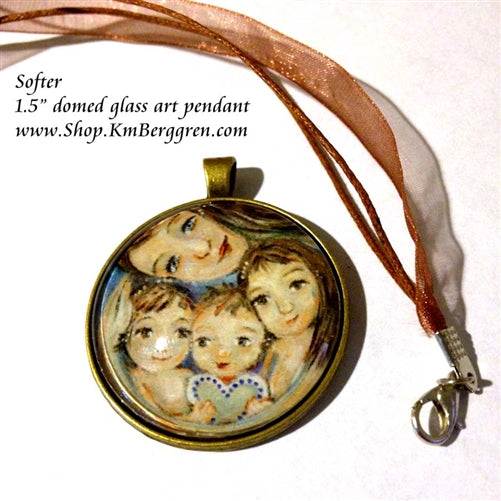 silver or bronze and glass art pendant of mother with three children 1.5 inches across handmade by Katie m. Berggren