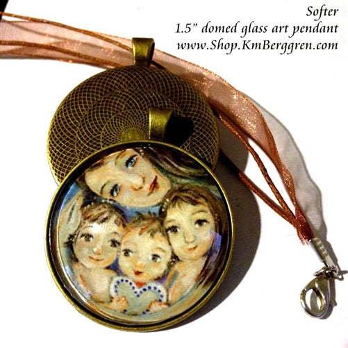 silver or bronze and glass art pendant of mother with three children 1.5 inches across handmade by Katie m. Berggren