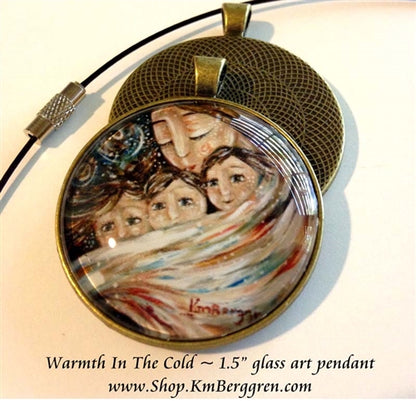 mother cradling three children glass art pendant necklace mothers gift 1.5 inches across handmade by the artist