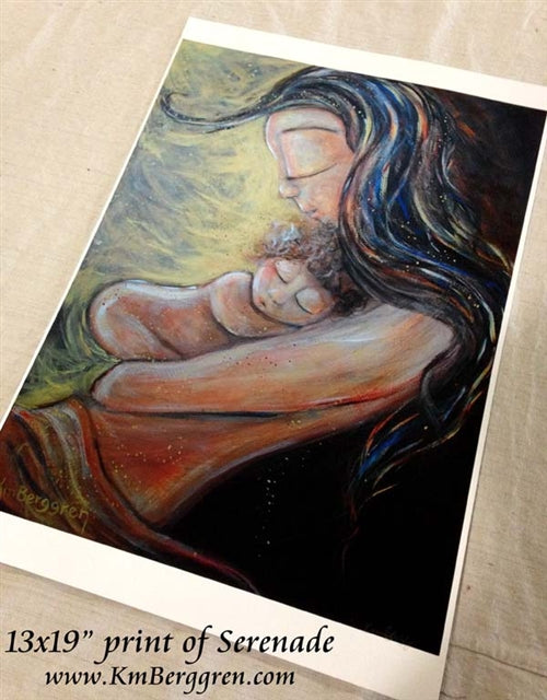yellow and cream colored print of long haired mom holding curly baby, skin to skin art by KmBerggren