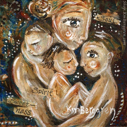blonde mother with three brunette children with words in painting print by KmBerggren