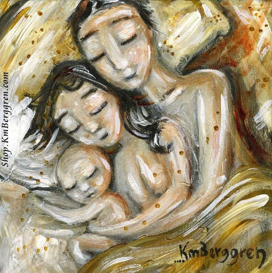 mother and father sleeping with bald baby in yellow bed artwork