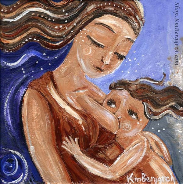 long brown haired mother nursing long brown haired older daughter with purple blue background, full-term breastfeeding, nursing older child, nursing toddler, late weaning, child-directed weaning