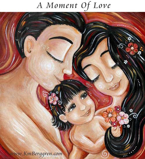 korean family, asian mother father baby gift, gift for new baby, little girl with flowers in hair artwork by kmberggren