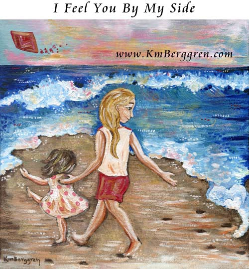 woman and child walking on the beach, mother thinking of the child she lost, footprints in the sand from a spirit, red kite, waves on the beach art print