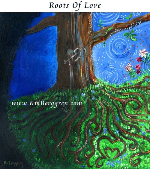 tree roots growing with hearts, blue sky, flowers, hearts, hopeful artwork for a mother after loss, bereavement gift