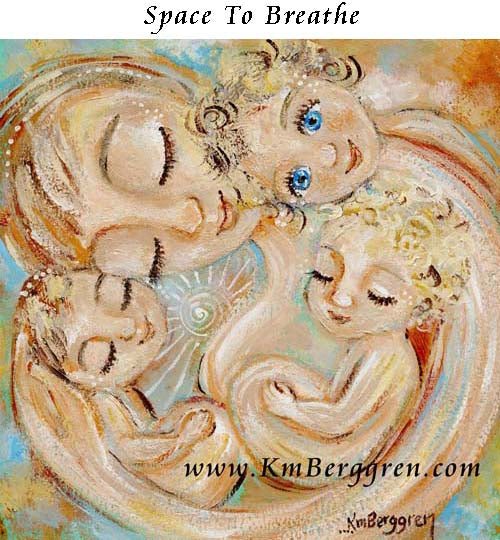 mother with three children, red hair mom, blonde curly children, blue eyes, skin to skin mother child artwork by kmberggren