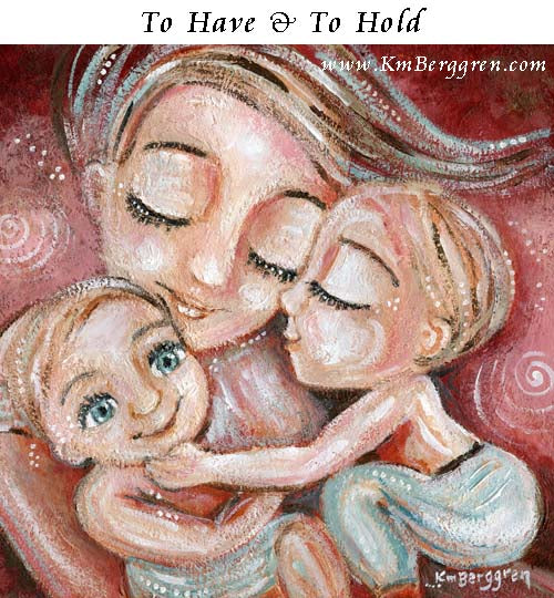 pink valentine artwork, mother and two sons, blonde family, blue green eyes, mommy nuzzling two boys, big brother, twin boy art, mom of boys artwork by kmberggren