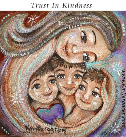 gifts for mom and three kids, third child baby gift, gift for mom with 3 kids gift basket, mother child artwork with purple heart by Katie m. Berggren