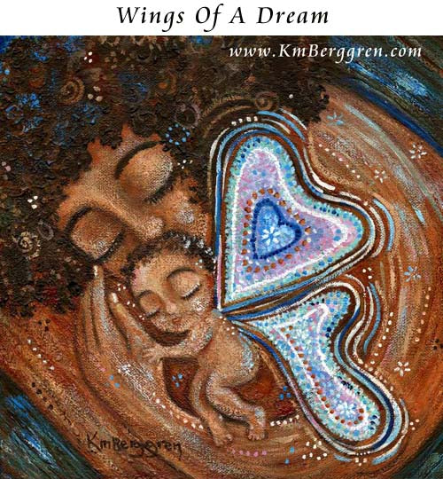 african american mother cradling tiny angel baby, dark skin, curly brown hair, baby angel in pastel colors, winged baby with butterflies and hearts, blue pink and white butterfly, angel child loss, infant and pregnancy loss, gone but not forgotten, missing my baby art by Kmberggren
