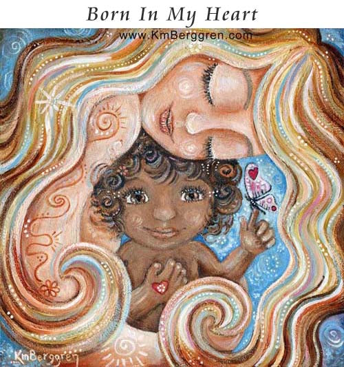 gifts for mom and baby, new baby gift, gift for new mom gift basket, mother adopted child bi-racial diversity artwork by Katie m. Berggren