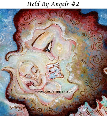 angel woman holding winged baby in her hands, angel baby held by angels, angel baby holding a heart baby angel in pastel colors, winged baby with heart, angel child loss, infant and pregnancy loss, gone but not forgotten, missing my baby art by Kmberggren