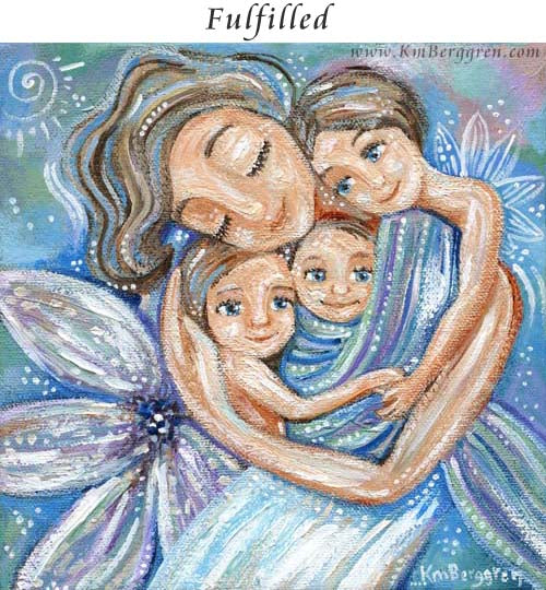 gifts for mom and three kids, third child baby gift, gift for mom with 3 kids gift basket, mother child babywearing artwork in pastel colors by Katie m. Berggren