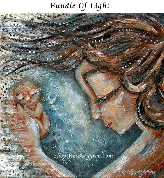 mother with wild hair holding a tiny baby angel in her hands, holding a child up to heaven