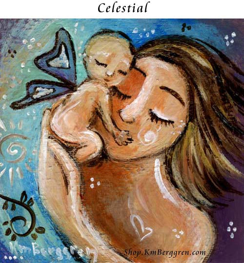 angel baby art, brunette mother and winged baby condolence gift for loss mom