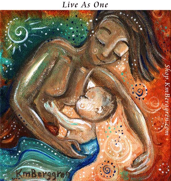 gift for breastfeeding nursing mom, nursing baby artwork, bi-racial mother breast feeding painting by KmBerggren
