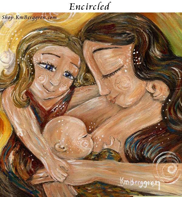 mom nursing new baby with big sister watching, blonde blue eyed little girl, bald baby, mother nurturing her babies, family love artwork by kmberggren