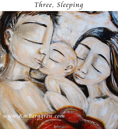 father and mother sleeping with new baby, family of three sleeping, new baby nuzzling daddy, artwork by kmberggren
