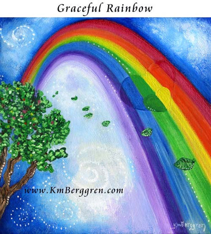 big bright rainbow art, leaves blowing off of a tree, hopeful hearts in a colorful rainbow, bright blue sky, hope and happiness art