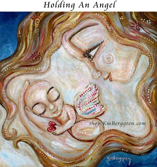 angel baby art, blonde mom and winged baby condolence gift for loss mom