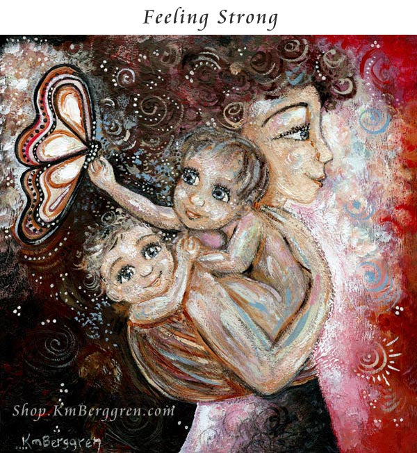 gifts for mom and two children, second baby gift, gift for mom with two kids gift basket, mother child tandem babywearing artwork by Katie m. Berggren