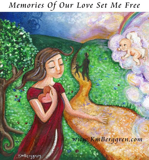 mother walking in the green grass being visited by her angel baby in the clouds, peaceful mother, little angel baby in the cosmos