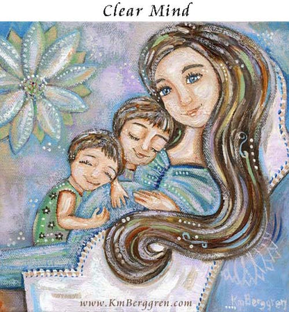 mother expecting third child gift, pregnant mother with two older children cuddling her, touching belly art print.