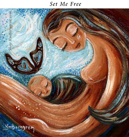 mother with a tiny swaddled baby in her lap, red butterfly, angel child loss, infant and pregnancy loss, gone but not forgotten, missing my baby art by Kmberggren