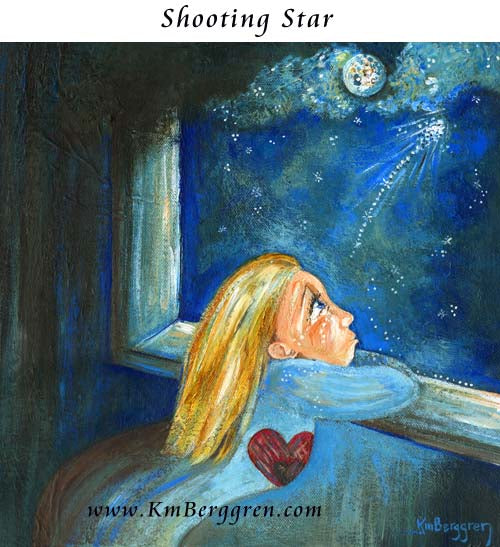 sad woman looking out window at shooting star, night time sky, clouds, moon, artwork for mother after loss