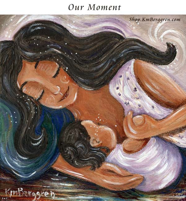 gift for breastfeeding nursing mom, side lying nursing baby artwork, breast feeding painting by KmBerggren