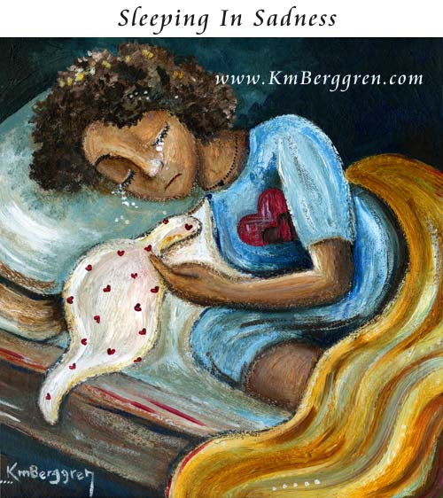 sad mother sleeping in bed with baby blanket, loss gift, artwork of grief, bereaved mother without her baby